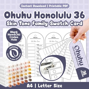 Puede incluir: Tarjeta de muestras Ohuhu Honolulu 36 Skin Tone Family en PDF imprimible. El documento presenta una cuadrícula para probar colores, etiquetas para códigos de marcadores, una guía para perforar agujeros y el logotipo de Ohuhu. Tamaños A4 y Letter.