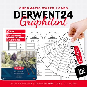 Könnte beinhalten: Eine druckbare chromatische Farbmusterkarte für Derwent 24 Graphitint Stifte, mit weißem Hintergrund, schwarzem Text, einer Liste von Farbnamen und Codes sowie einem Fächer aus gewölbten Karten. Enthält das Bild einer Dose mit drei Stiften.