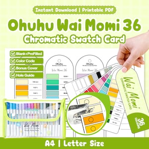 Könnte beinhalten: Ohuhu Wai Momi 36 Chromatic Swatch Card als druckbares PDF mit leeren und vorgefüllten Vorlagen, Farbcodes und Lochführungen. Enthält ein durchsichtiges Etui mit 36 Acryl-Rollerstiften und eine Darstellung eines Lochers.