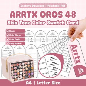 May include: A printable Arrtx Oros 48 skin tone color swatch card featuring blank spaces for color names and codes. The set includes a box of 48 markers and multiple swatch sheets with arched tops, labeled with Arrtx Oros 48 Skin Tone text.
