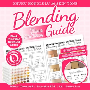 Puede incluir: Guía de mezcla Ohuhu Honolulu 36 Skin Tone para temas Fair Warm. Este PDF imprimible presenta combinaciones de colores, guías de mezcla y códigos de referencia oficiales para marcadores. Incluye códigos nuevos y antiguos.