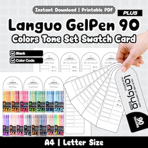 Könnte beinhalten: Eine druckbare Languo GelPen 90 Farben-Farbkarte im A4- und Letter-Format. Das Dokument enthält leere Vorlagen und Farbcodesektionen zur Organisation von Gelstiften, dargestellt neben einem Fächer aus weißen Farbkarten mit schwarzem Text.