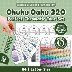May include: A printable PDF Ohuhu Oahu 320 Perfect Chromatic Tone Set swatch chart. The document features arched cards for colour organisation, a grid of 320 small coloured squares, and text including Ohuhu Oahu 320 Perfect Chromatic Tone Set.
