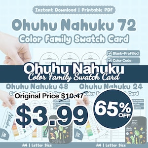 May include: A digital printable PDF color family swatch card for Ohuhu Nahuku markers, featuring 72, 48, and 24 color sets. The document includes blank and pre-filled options with color codes, available in A4 and letter sizes for marker organization.