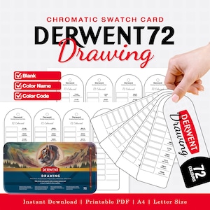 May include: A Derwent 72 Drawing chromatic swatch card printable PDF set. The design features white arched tags with spaces for color names and codes, alongside a rectangular tin box illustration showing a tiger and the text Derwent Drawing 72.