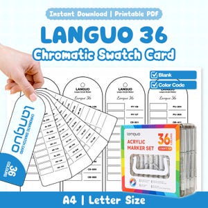 Pode incluir: Um conjunto de cartões de amostra cromática Languo 36 em PDF imprimível, com um leque de etiquetas brancas com texto preto e códigos de cor. Inclui uma caixa de 36 marcadores acrílicos de ponta macia com uma alça branca para o conjunto.