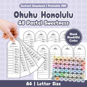 Op de afbeelding: Een afdrukbare PDF met "Ohuhu Honolulu 48 Pastel Sweetness" en kleurstalen. Het ontwerp bevat kleurcodes en een sectie voor nieuwe en oude codes. Formaat A4 en Letter.