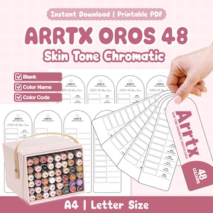 May include: A printable PDF set for Arrtx Oros 48 Skin Tone markers, featuring a storage box filled with 48 coloured markers, blank swatch cards with colour name and code fields, and a fan-style swatch card labelled Arrtx Skin Tone Chromatic Swatch Card.