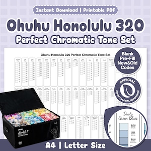 Könnte beinhalten: Ein schwarzer Koffer mit Ohuhu Honolulu 320 Alkoholmarkern neben einer druckbaren PDF-Farbtabelle. Die Tabelle enthält Farbfelder und Freiräume zum Ausfüllen von Farbcodes. Der Text auf der Tabelle lautet "Ohuhu Honolulu 320 Perfect Chromatic Tone Set."