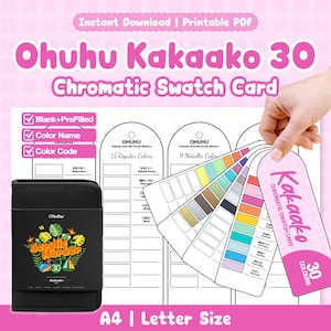 May include: An Ohuhu Kakaako 30 Chromatic Swatch Card printable PDF set featuring blank and pre-filled templates for colour names and codes. Includes a black carrying case with a tropical graphic and a fan-style colour swatch card with 30 colours.