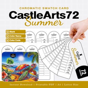 May include: A digital download of a Castle Arts 72 Summer chromatic swatch card set. The printable PDF includes blank templates with spaces for color names and codes, featuring a tin box illustration with a colorful sea turtle graphic.