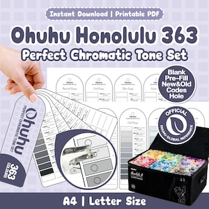 May include: A printable PDF set for Ohuhu Honolulu 363 markers, featuring swatch cards with color codes, a hole punch guide, and a black carrying case filled with markers. The text reads Ohuhu Honolulu 363 Perfect Chromatic Tone Set.