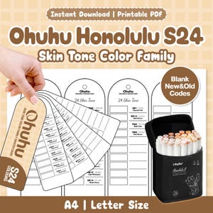 May include: A printable PDF swatch card set for Ohuhu Honolulu S24 skin tone markers. The image displays a fan of swatch cards with color codes, a background sheet with blank fields, and a black carrying case filled with 24 alcohol markers.