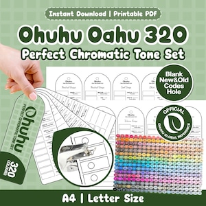 May include: A printable PDF set for Ohuhu Oahu 320 markers, featuring swatch cards with arched tops, a hole punch tool, and a grid of 320 colour samples. The text includes Ohuhu Oahu 320 Perfect Chromatic Tone Set, Official Ohuhu Global Reference, and A4 Letter Size.