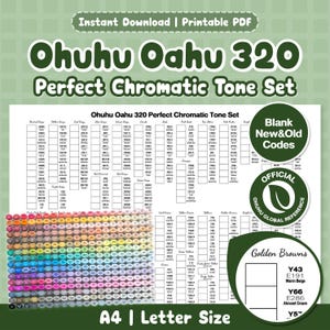 Può includere: Una tabella PDF stampabile per il set Ohuhu Oahu 320 Perfect Chromatic Tone, con una griglia di codici e nomi di colori. Il documento include un sigillo ufficiale Ohuhu Global Reference e una vasta gamma di tappi per pennarelli colorati.