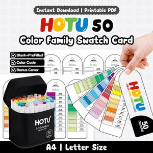 May include: A black carrying case filled with 50 colourful art markers, accompanied by printable swatch cards featuring the HOTU 50 Colour Family Swatch Card branding. The cards include blank and pre-filled sections for colour codes.