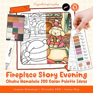 May include: A digital coloring page titled Fireplace Story Evening featuring a split-view illustration of a puppy in a Santa hat by a fireplace. Includes an Ohuhu marker, a color palette swatch card, and text labels for color codes and instant download.