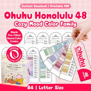 Op de afbeelding: Een printbare PDF-set voor Ohuhu Honolulu 48 Cozy Mood Color Family markers, met blanco kleurkaarten inclusief vooraf ingevulde namen en kleurcodes. Bevat een officiële Ohuhu-referentiekaart en een doosillustratie met een stripfiguur.