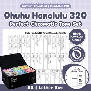 May include: A black case containing Ohuhu Honolulu 320 alcohol markers, alongside a white chart displaying colour swatches. The chart is labelled "Ohuhu Honolulu 320 Perfect Chromatic Tone Set". The image also includes the text "Instant Download | Printable PDF".
