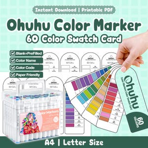 Può includere: Un set di cartelle colori stampabili per 60 pennarelli Ohuhu con modelli vuoti e precompilati. Il set include una custodia in plastica trasparente riempita con 60 pennarelli e diverse schede colore in formato A4 e letter.