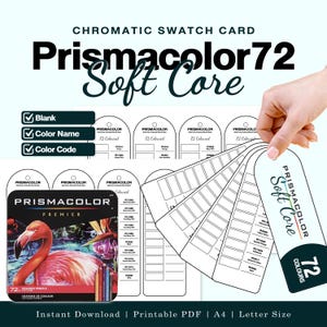 Op de afbeelding: Een printbare chromatische kleurstaalkaart voor Prismacolor 72 Soft Core kleurpotloden. Het document bevat lege sjablonen voor kleurnamen en codes, naast een metalen blik met een flamingo-afbeelding en de tekst Prismacolor Premier.
