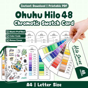 May include: A printable Ohuhu Hilo 48 chromatic swatch card set for acrylic markers. The set includes blank and pre-filled templates, color codes, and a bonus cover. The design features a white box with a cartoon chameleon on a skateboard.
