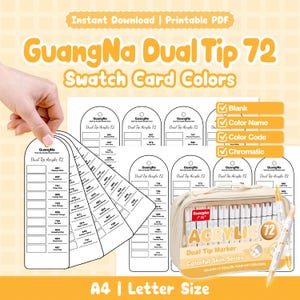 Peut inclure: Image de marqueurs acryliques GuangNa Dual Tip 72 et de cartes d'échantillons. Une main tient des cartes d'échantillons blanches avec des noms et codes de couleurs. Les marqueurs sont dans un étui beige. Le texte comprend "Instant Download | Printable PDF".