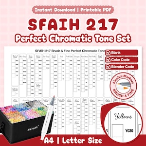 SFAIH 217 Rotuladores de Alcohol Juego de Tonos Cromáticos Perfectos / Imprimible en Blanco, Código de Color + Mezclador / Pincel y Punta Fina / Descarga en PDF tamaño Carta A4