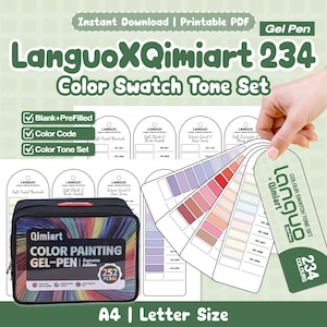 May include: A LanguoXQimiart 234 Color Swatch Tone Set printable PDF featuring blank and pre-filled color code charts. Includes a black zippered case labeled Color Painting Gel-Pen Supreme Edition 252 PCS and a fan-style color swatch card.