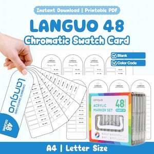 Pode incluir: Um PDF imprimível Languo 48 Chromatic Swatch Card com um leque de modelos brancos em forma de etiqueta com códigos de cor e uma caixa de 48 marcadores acrílicos. O design inclui etiquetas de texto para opções em branco e códigos de cor.