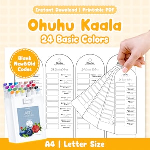 Tabla de muestras de 24 colores de Ohuhu Kaala / Inventario de marcadores imprimible para artistas / PDF con código en blanco / Organización de colores