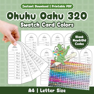 Può includere: PDF stampabile dei colori della scheda campione Ohuhu Oahu 320. L'immagine mostra una mano che tiene un ventaglio di schede campione di colore. Una rana dei cartoni animati con un lei è seduta accanto a un pennarello e un arcobaleno di colori.