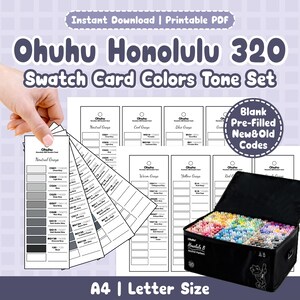 Op de afbeelding: Een zwarte draagtas vol Ohuhu Honolulu 320 alcoholmarkers, met kleurstalen. De kaarten tonen kleurtinten en codes, met tekst als "Instant Download | Printable PDF" en "A4 | Letter Size".
