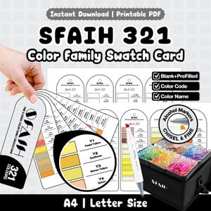 Puede incluir: Un conjunto de tarjetas de muestra de color imprimibles en tamaño A4 y Letter para 321 marcadores de alcohol. Incluye plantillas en blanco y prellenadas con códigos y nombres de color, una guía de muestras en abanico y un estuche negro.