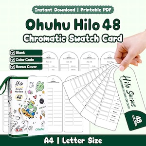 May include: A printable PDF Ohuhu Hilo 48 Chromatic Swatch Card set featuring blank templates for 48 colors. The set includes a cover page with a cartoon chameleon on a skateboard and multiple arched swatch cards with color codes for acrylic markers.