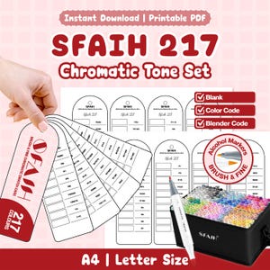 Tarjeta de muestras cromáticas de marcadores de alcohol SFAIH 217 / Imprimible en blanco, código de color + difuminador / Pincel y punta fina / Descarga en PDF tamaño carta A4