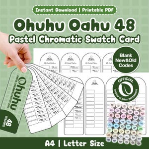May include: A printable Ohuhu Oahu 48 Pastel Chromatic Swatch Card set featuring blank templates for new and old colour codes. The document includes an official Ohuhu global reference guide with a grid of 48 circular pastel colour samples.