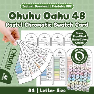 Op de afbeelding: Een printbaar Ohuhu Oahu 48 Pastel Chromatic Swatch Card PDF-bestand met een waaier van kleurstaalkaartjes, een raster met kleurcodes en een officieel referentiezegel. Het document bevat tekstlabels voor 48 pastelkleuren in A4 en letterformaat.