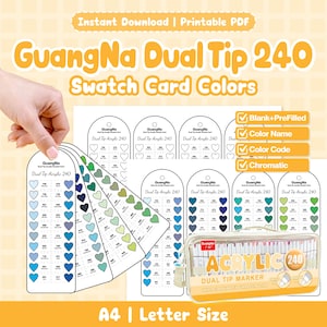 Pode incluir: Um conjunto de cartões de amostra de cores GuangNa Dual Tip 240, com uma caixa de plástico transparente de marcadores acrílicos de ponta dupla. Os cartões exibem amostras de cores em forma de coração, com nomes e códigos de cores.