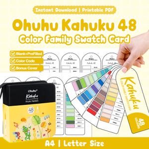 May include: A printable Ohuhu Kahuku 48 color family swatch card set featuring blank and pre-filled templates, color codes, and a bonus cover. The set includes a black and yellow carrying case for 48 acrylic markers with a frog illustration.
