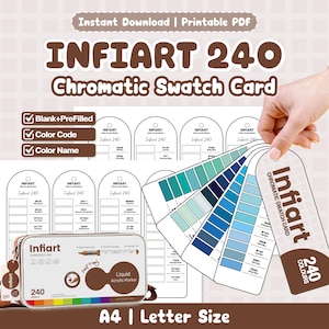 Tarjeta de muestras cromáticas del marcador acrílico líquido Infiart 240 / PDF imprimible / En blanco + prellenado / Código de color / Descarga tamaño carta A4