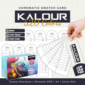 May include: A Kalour chromatic swatch card set for 520 colours, featuring printable PDF templates in A4 and letter size. The set includes blank cards with spaces for colour names and codes, alongside a tin box with a sea turtle graphic.