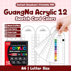 GuangNa Acrylic 12 Swatch Card Colors, Blank+PreFilled Square Color Tracker Name Code Chromatic | Acrylic Marker Reference PDF