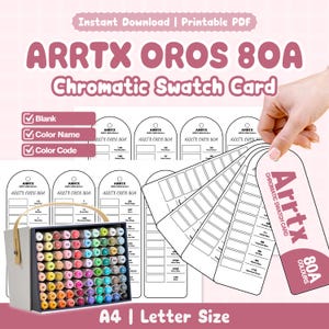 May include: A printable PDF Arrtx Oros 80A chromatic swatch card set featuring blank templates for colour names and codes. The set includes a storage box filled with eighty coloured markers and multiple arch-shaped paper swatch tags for testing.