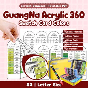 Op de afbeelding: Een afdrukbare PDF met "GuangNa Acrylic 360 Swatch Card Colors". De afbeelding toont kleurstalenkaarten, een gele draagtas en een rode marker. De kaarten bevatten kleurnamen, codes en een gatenwijzer. De tekst "Instant Download" en "A4 | Letter Size" zijn ook zichtbaar.