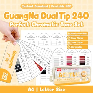 May include: A GuangNa Dual Tip 240 color swatch card set featuring printable PDF pages with blank and pre-filled color name, code, and chromatic tone sections. Includes a clear carrying case containing 240 acrylic dual tip markers.