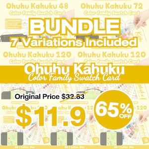 May include: A digital bundle of Ohuhu Kahuku colour family swatch cards featuring 7 variations. The graphic includes text overlays such as BUNDLE, 7 Variations Included, and Ohuhu Kahuku Colour Family Swatch Card, presented in a yellow and white colour scheme.