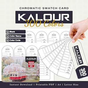 Könnte beinhalten: Ein druckbares chromatisches Farbmuster-Set für 300 Kalour Buntstifte. Das Dokument enthält leere Vorlagen mit Feldern für Farbnamen und Codes sowie ein Produktbild mit einer Zugillustration und dem Text 300 pcs.