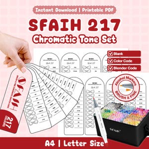 Könnte beinhalten: Ein druckbares PDF-Set mit dem Titel SFAIH 217 Chromatic Tone Set, das Farbmusterkarten mit Schleifenillustrationen und Farbcodes enthält. Beinhaltet ein schwarzes Etui mit zahlreichen Alkoholmarkern und einen einzelnen Marker mit Pinsel- und Fein-Spitze.