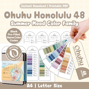 May include: A printable PDF set for Ohuhu Honolulu 48 Summer Mood markers, featuring colour swatch cards with pre-filled name and colour codes. The set includes a colouring book cover with a turtle illustration and 48 colour reference cards.